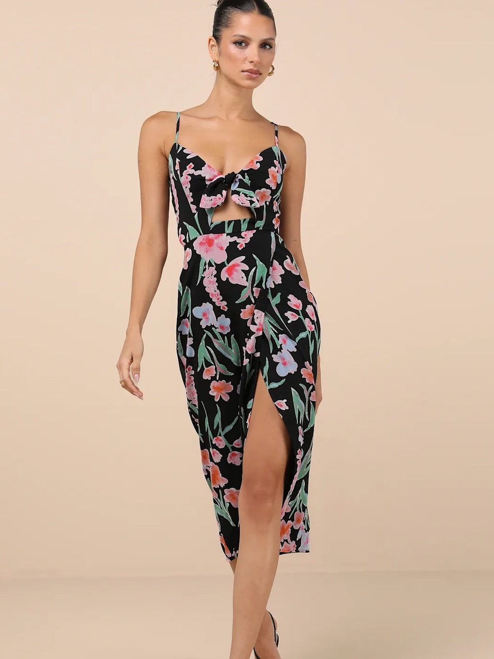 Amadea Black Floral Print Cutout Tie-Front Midi Dress Size M